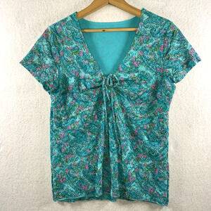 Womens Sheer Mesh Ditsy Floral Top Y2K Cottage Colorful‎ Garden Feminine Bow